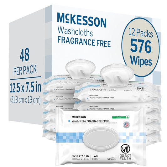 McKesson Washcloth Wipes for Adults, Unscented (12 Pack, 576 Washcloths) Disposable Wash Cloths for Body - Fragrance-Free No-Rinse Formula - Good for Incontinence and Elderly - 48 Wipes Per Pack