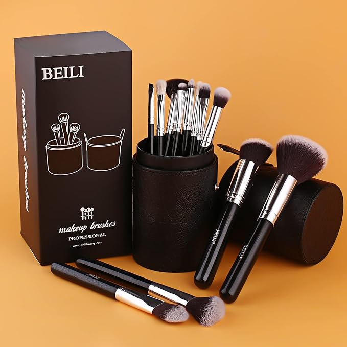BEILI Makeup Brushes 12pcs Makeup Brushes Set with Holder Premium Synthetic Kabuki Foundation Brush Blending Blush Concealer Full Face Makeup Brushes Kit With Gift Box(Black)