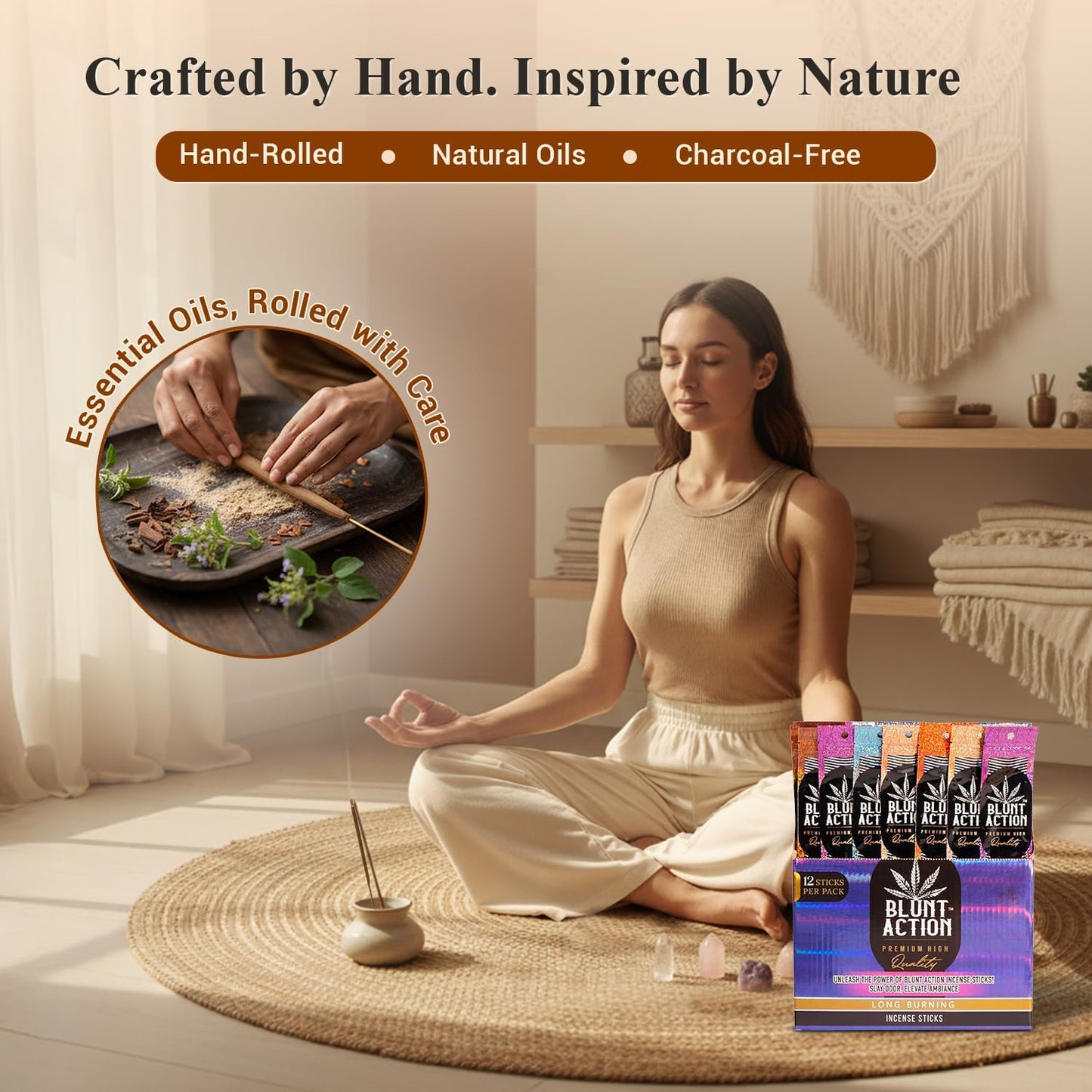 Tulasi Blunt Action Incense Sticks, 12 Packs, 144Pc, Long Lasting Fragrance, Natural Essential Oils Hand Rolled Incense Sticks for Aromatherapy, Relaxing, Yoga, Meditation, Prayer