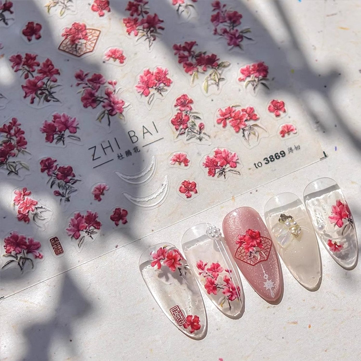 Spring Summer Nail Art Stickers 5D Self Adhesive Nail Decals Red Flower Nail Stickers for Nail Art Embossed Nails Design Floral Nails Supplies for DIY Manicure Decoration for Women Girls