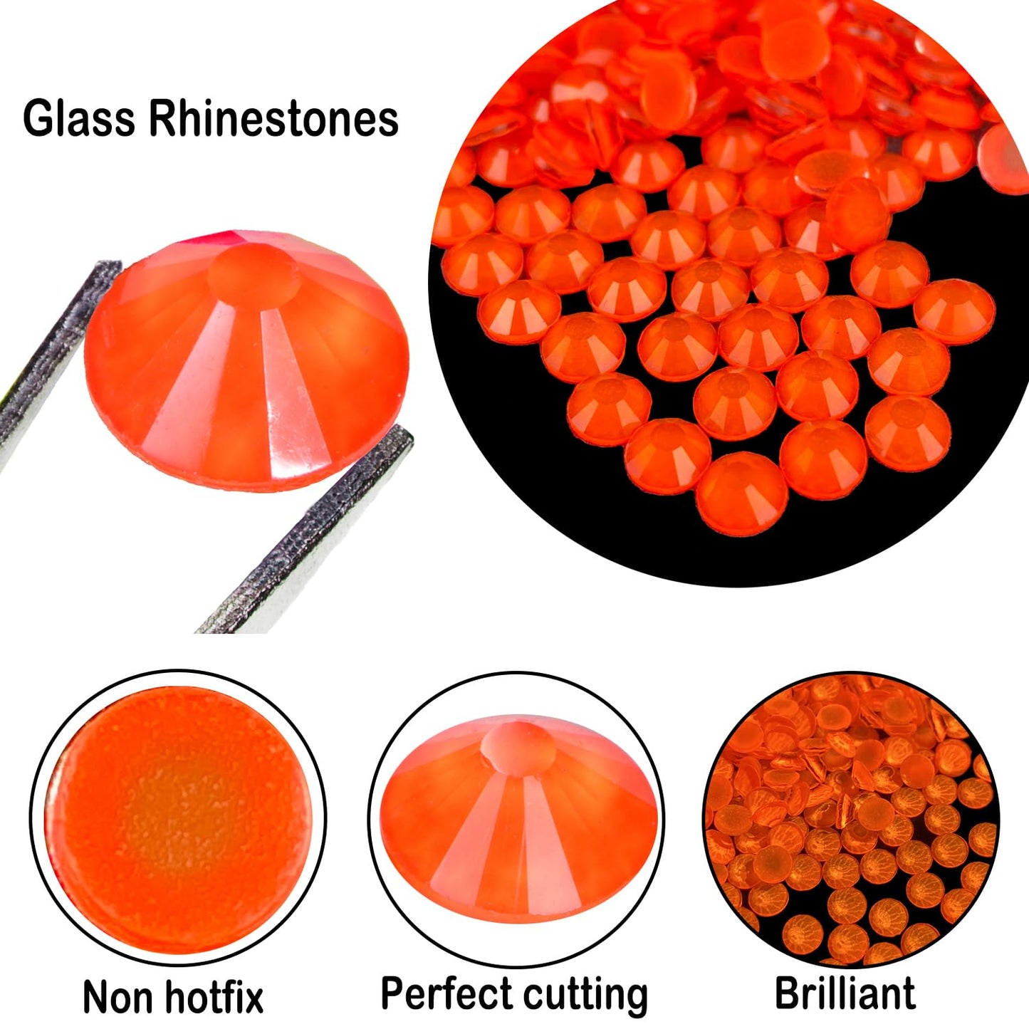 Flatback Glass Rhinestones,Bedazzler Gems 1440pcs Non Hotfix Crystal Rhinestones for Nail Charms Crafts Clothes Tumblers,Orange Neon,SS20