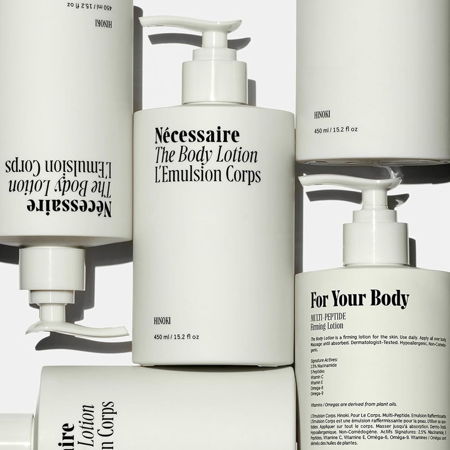 Nécessaire The Body Lotion with Pump. Hinoki. Multi-Peptide Firming Lotion to Moisturize, Firm, Strengthen. 2.5% Niacinamide, Vitamin C/E + Omega 6/9. 450ml / 15.2 fl oz