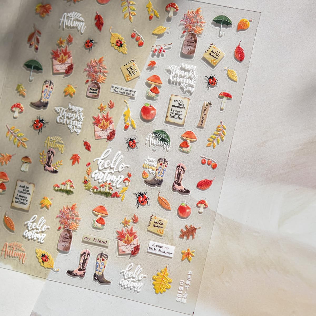 Thanksgiving Day Nail Stickers for Nail Art Fall Nail Sticker 5D Self-Adhesive Shiny Autumn Leaves Shoes Mushroom Nails Decals Holiday Maple Leaves Manicure Nails Decorations for Salon Nails 1 Sheet