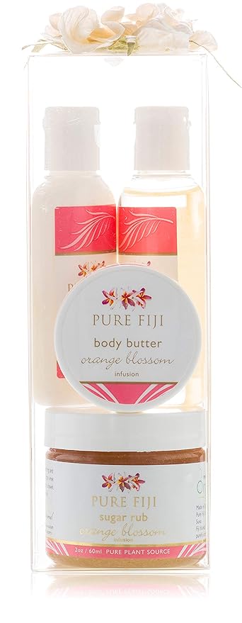 Pure Fiji Spa Gifts for Women and Man - Body Gift Box Include: Sugar Scrub, Bath and Body Oil, Body Butter and Body Lotion, Scent Orange Blossom