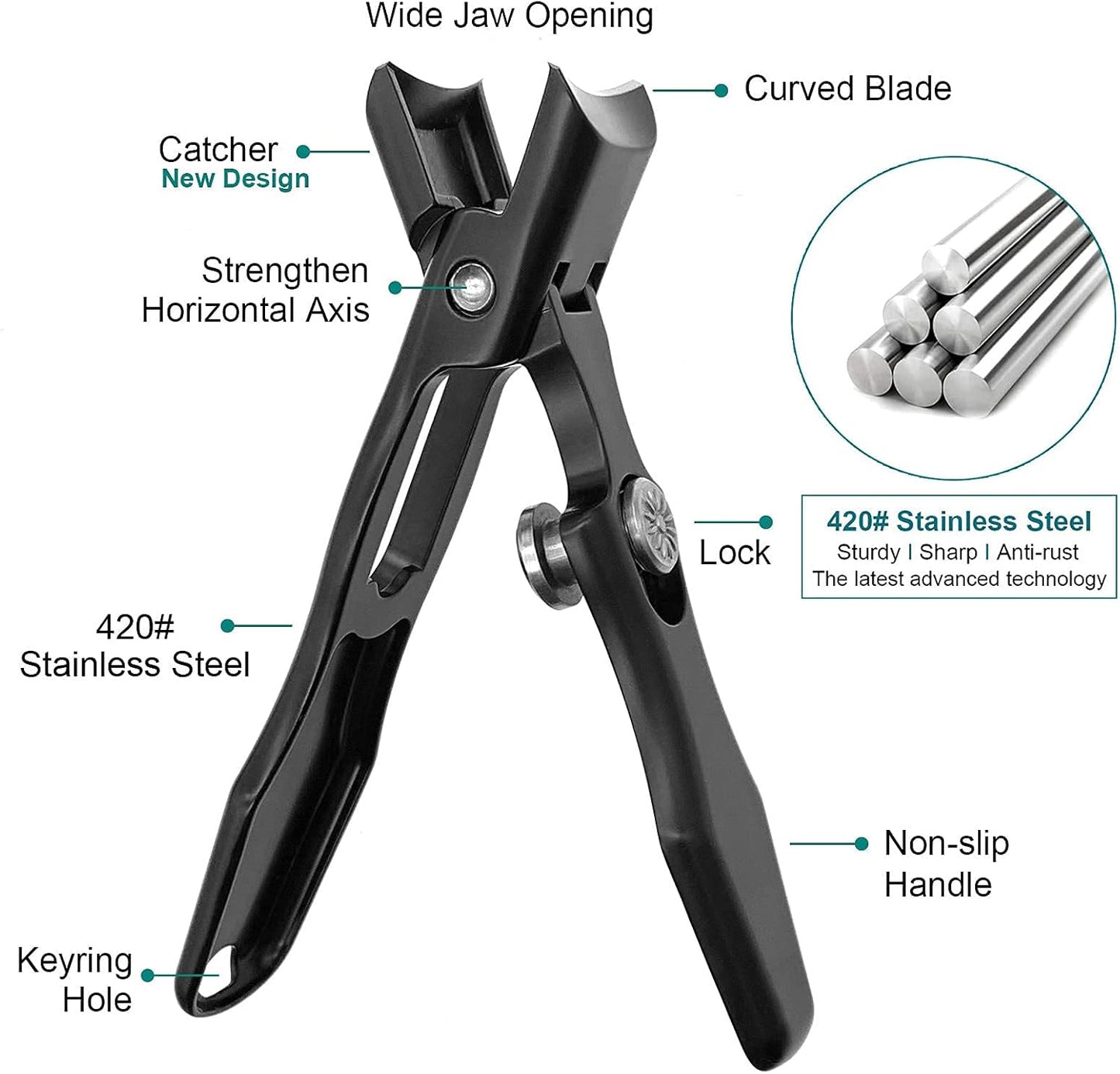 Toenail Clippers for Men Thick Nails Large Wide Jaw Opening Portable Ultra Sharp Nail Clippers with Catcher Heavy Duty Fingernail Cutter for Adult Seniors Women (Black with File)