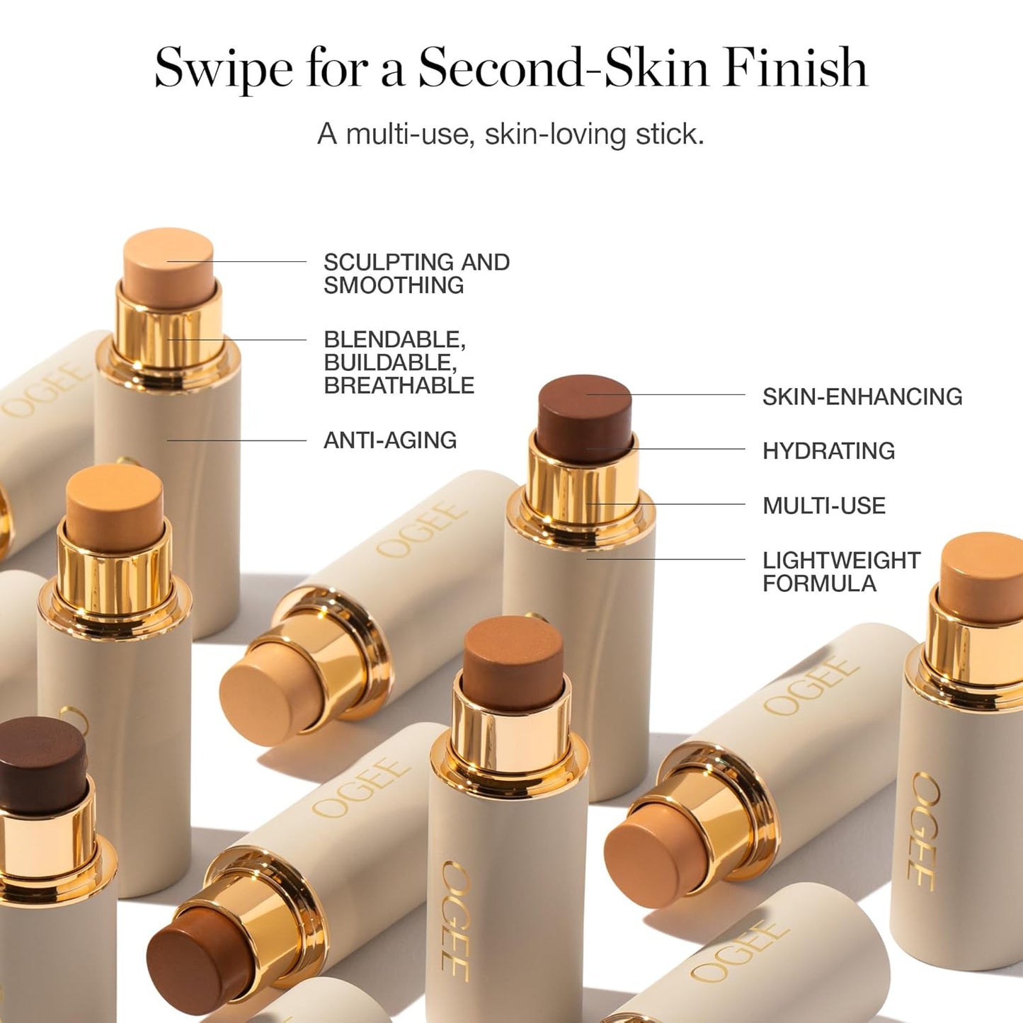 Ogee Sculpted Complexion Foundation Stick (Oak 5.5N - Medium Beige, Golden Undertones) Full Coverage Foundation Makeup - Instantly Balance & Even Complexion - 70% Organic Ingredients