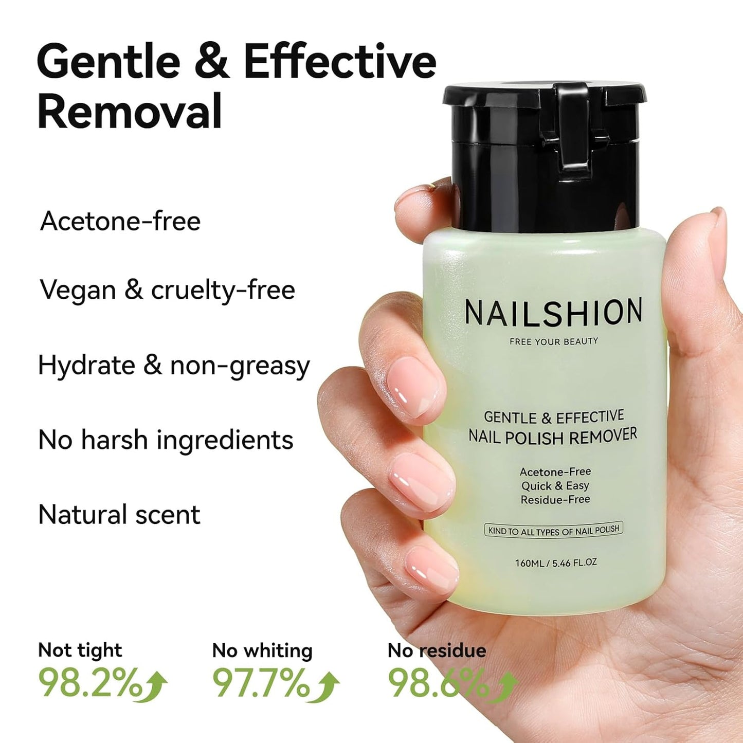 Avocado Nail Polish Remover, Non-Acetone 5s Quick Removal, Professional Remover for All Air-dry Nail Polish, VE Non-Drying Built-in Refillable Pump Bottle, 160ml