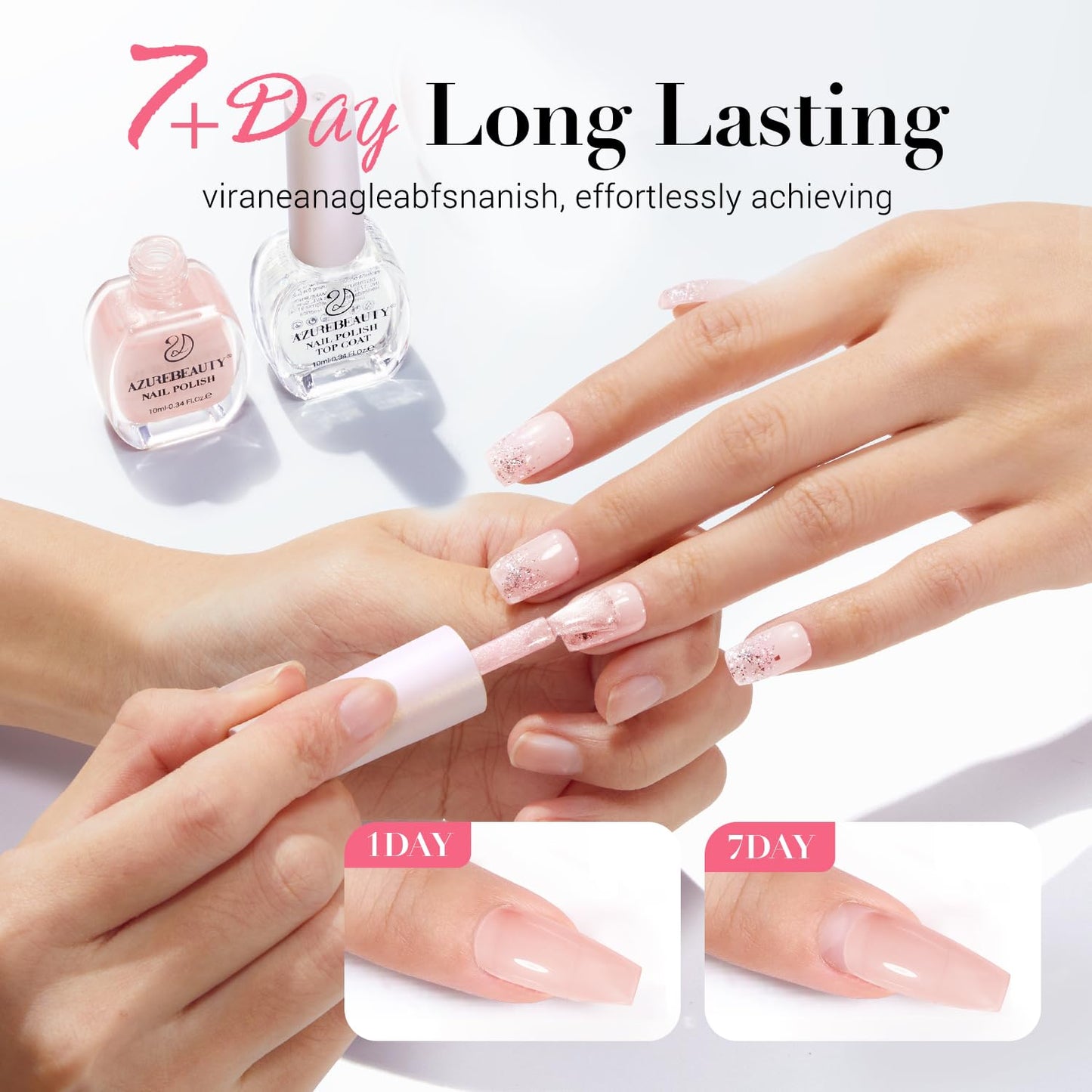 AZUREBEAUTY Nail Polish Set, 4 Colors Nude SKin Glitter Pearl Long Lasting All Season Quick Dry Natural Fingernail Lacquer Strengthening Treatment Kit 10ML with Top Coat DIY Salon at Home