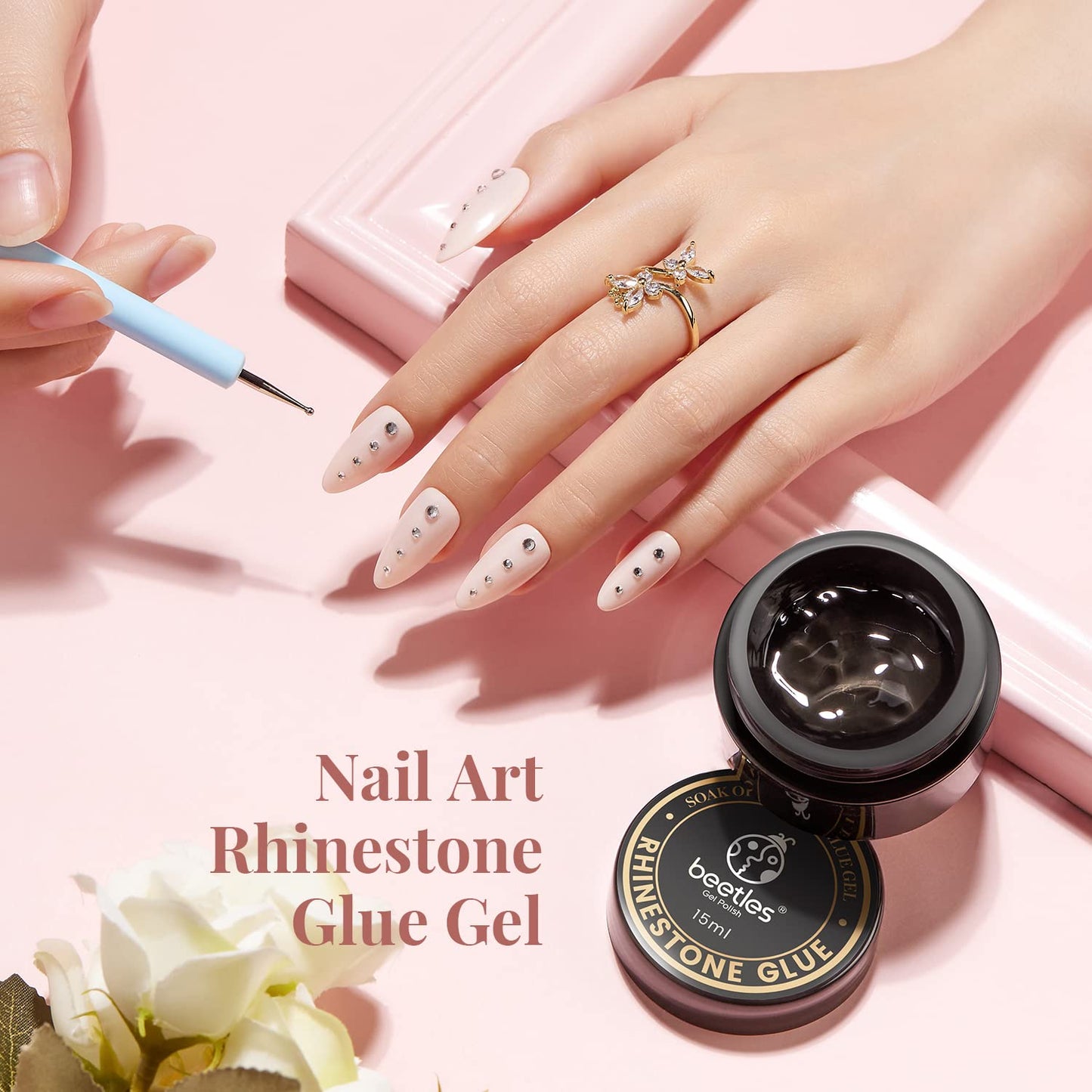 Beetles Rhinestone Glue for Nails with 2 Dual Purpose Brush Pen, 1Pcs 15ml Nail Glue for Nail Art Adhesive Resin Gems Diamonds Jewelry Decoration Soak Off Led Lamp Fall Nails Gifts for Women