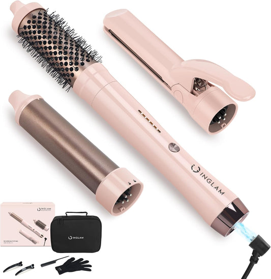 Cordless Hair Straightener and Curler, IG INGLAM 3 in 1 Detachable Hair Styling Set with 1'' Flat Iron, 1.25" Curling Wand, 1.5" Thermal Brush, Rechargeable Portable for Travel, Gift for Women