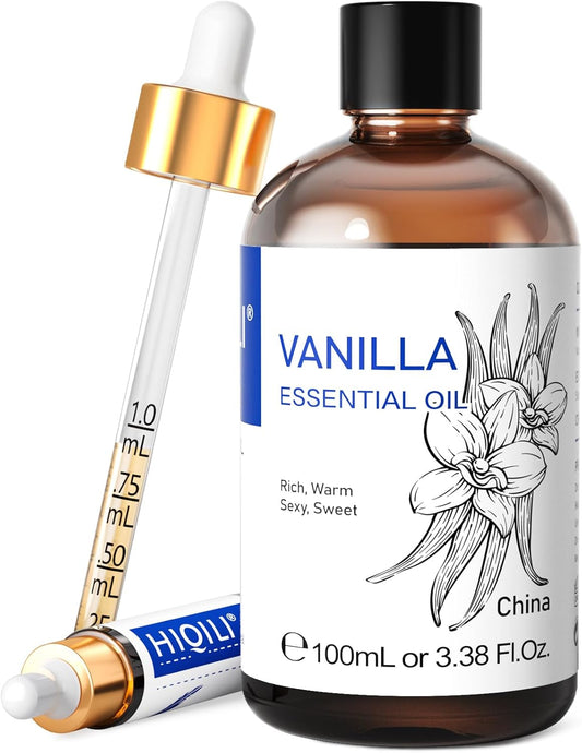 HIQILI Vanilla Essential Oil, Undiluted Natural Strong Fragrance Add in Skin Perfume, Unscented Lotion, Candle Soap Making Scent, Relax at Home with Diffuse Warm Sweet Aroma -100ML