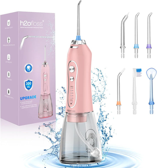 Water Dental Flosser Teeth Cleaner Pick, H2ofloss Cordless Portable Oral Irrigator,5 Mode IPX7 Waterproof Teeth Picks 300ML Rechargeable WaterFlosser for Home Travel (Pink)
