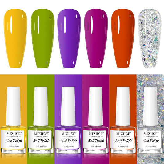 MIZHSE Nail Polish Set, Bright Colors Quick Dry Nail Polish for Women Girls, Fall Nail Lacquer Yellow Green Purple Rose Pink Air Dry Fingernail Polish for DIY Nail Art Salon, Ideal Non-Gel Gift Set