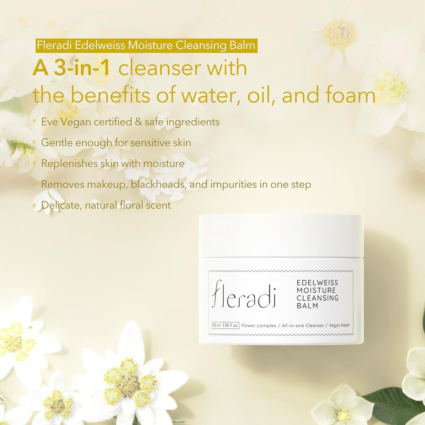 Edelweiss Cleansing Balm – Vegan Makeup Remover and Face Cleanser with Natural Flower Extracts. Korean Skincare, No Parabens or Sulfates (3.38 fl oz)