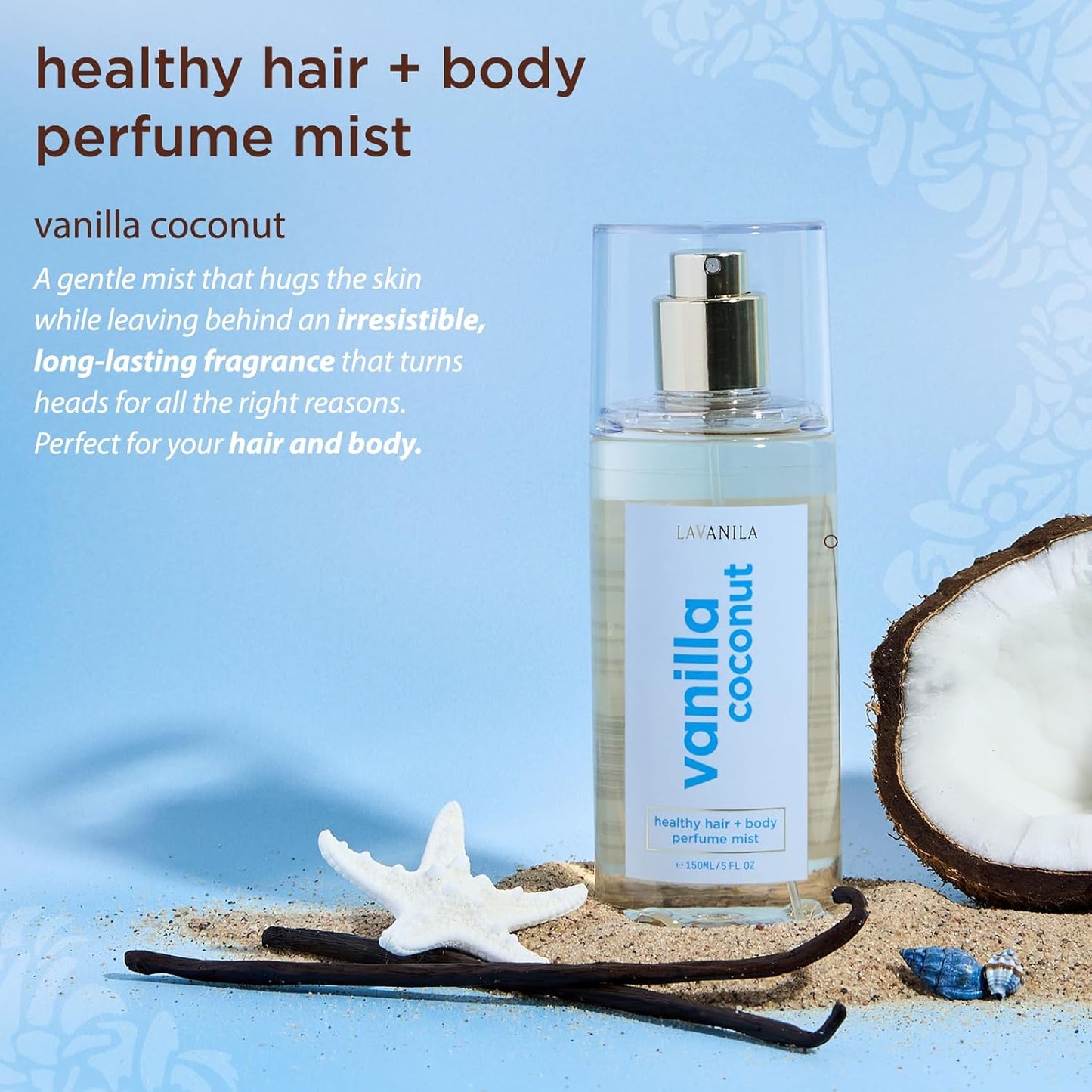 LAVANILA Vanilla Coconut Healthy Hair + Body Perfume Mist, 5 Fl Oz - Sweet & Tropical Fragrance Spray Formulated with Jojoba Oil, Madagascar Vanilla, Coconut, Tahitian Tiare Flower