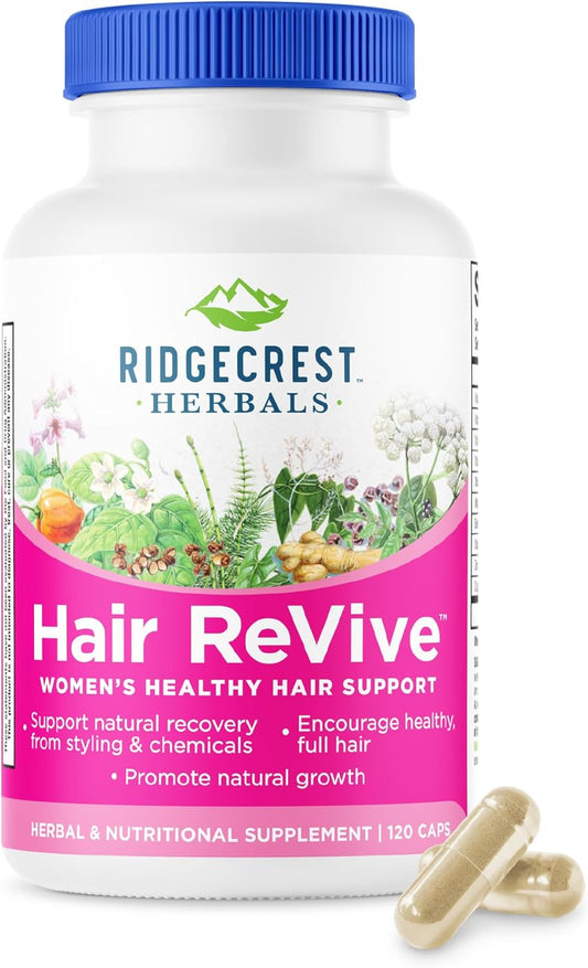 RidgeCrest Herbals Hair ReVive, Nutritional Hair Supplement with Vitamin C, Biotin (6000mcg), Zinc, and Copper, Hair Vitamins for Women to Support Healthy Hair, Skin, and Nails (120 Caps, 30 Servings)