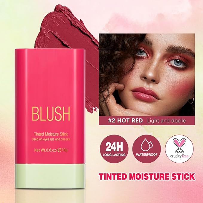 Blush Stick, Cream Blush Stick for Cheeks & Lips, Blendable Long-Lasting Multi-Use Contour Stick & Highlighter Makeup (#2 HOT RED)