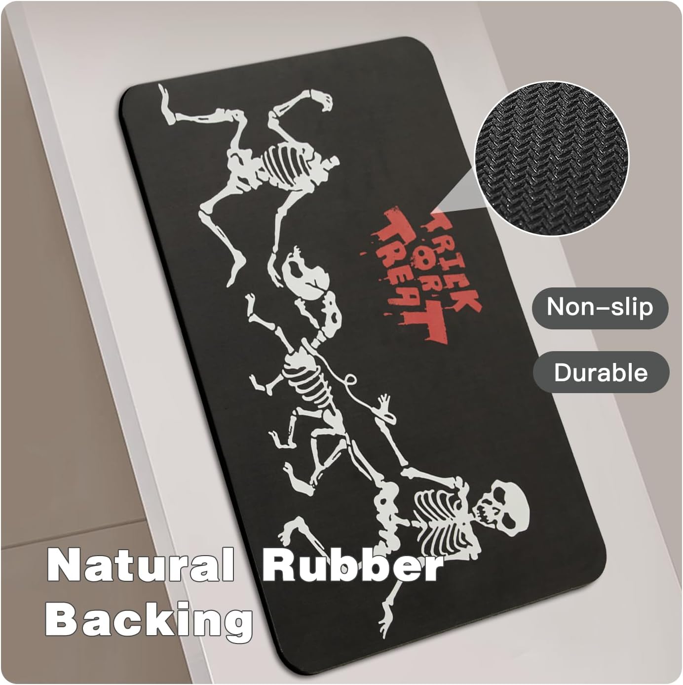 Halloween Bath Mat, Thin Halloween Bathroom Rug Non Slip Quick Dry Skeleton Bath Mat Fits Under Door Thin Floor Mat Halloween Decor, 17''x30'', Skull Treat or Trick Black