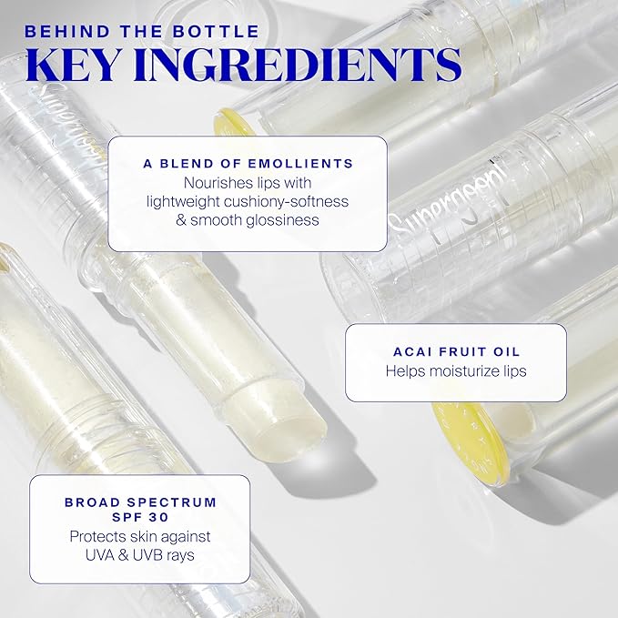 Supergoop! Lipscreen Sheer SPF 30 - Lightweight Clear Lip Balm with Acai Fruit Oil - Hydrates & Protects - Natural Finish - 0.12 oz