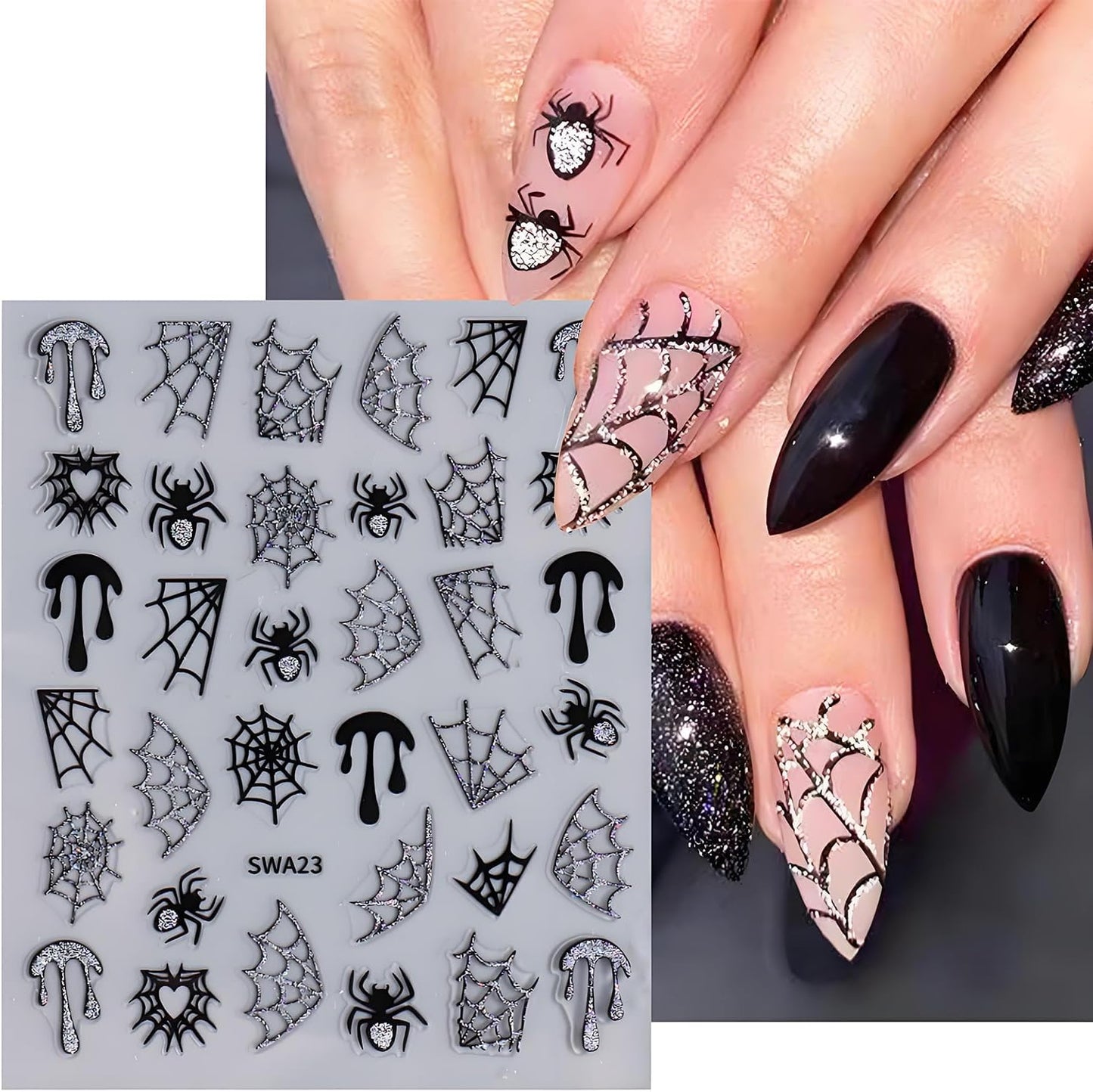 Halloween Nail Art Stickers, Glitter Spider Web Nail Art Decals 3D Self-Adhesive Black Gold Silver Heart Star Moon Nail Design 5Pcs Halloween Nail Art Supplies for Women Nail Decoration