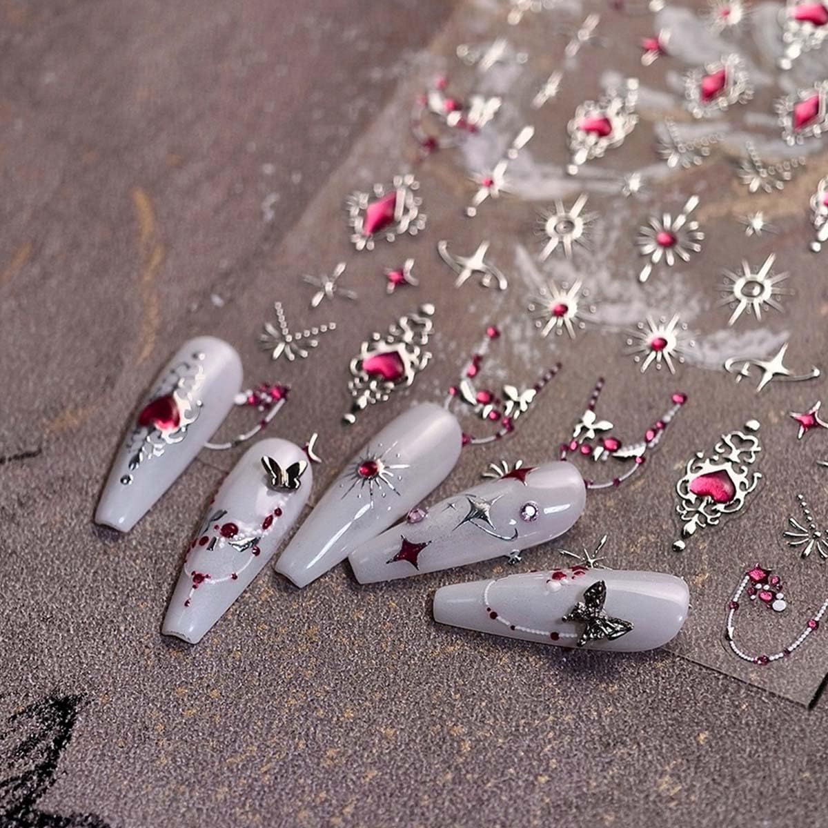 5D Embossed Heart Nail Stickers Decals 3D Self-Adhesive Star Nail Art Stickers Sliver Nails Art Decals Jelly Design Nail Supplies Cute Nails Accessories for Women DIY Manicure Decoration 1Sheet