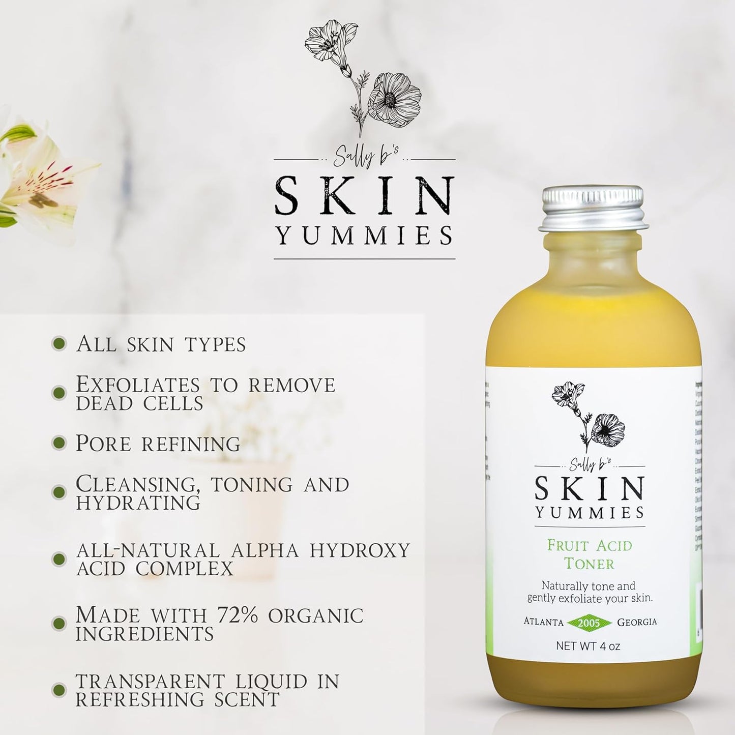 Sally B's Fruit Acid Face Toner and Daily Exfoliator/Alpha Hydroxy Acid (AHA) / 5 in 1 Action: Astringent, Cleansing, Calming, Exfoliating, and Hydrating / 4OZ