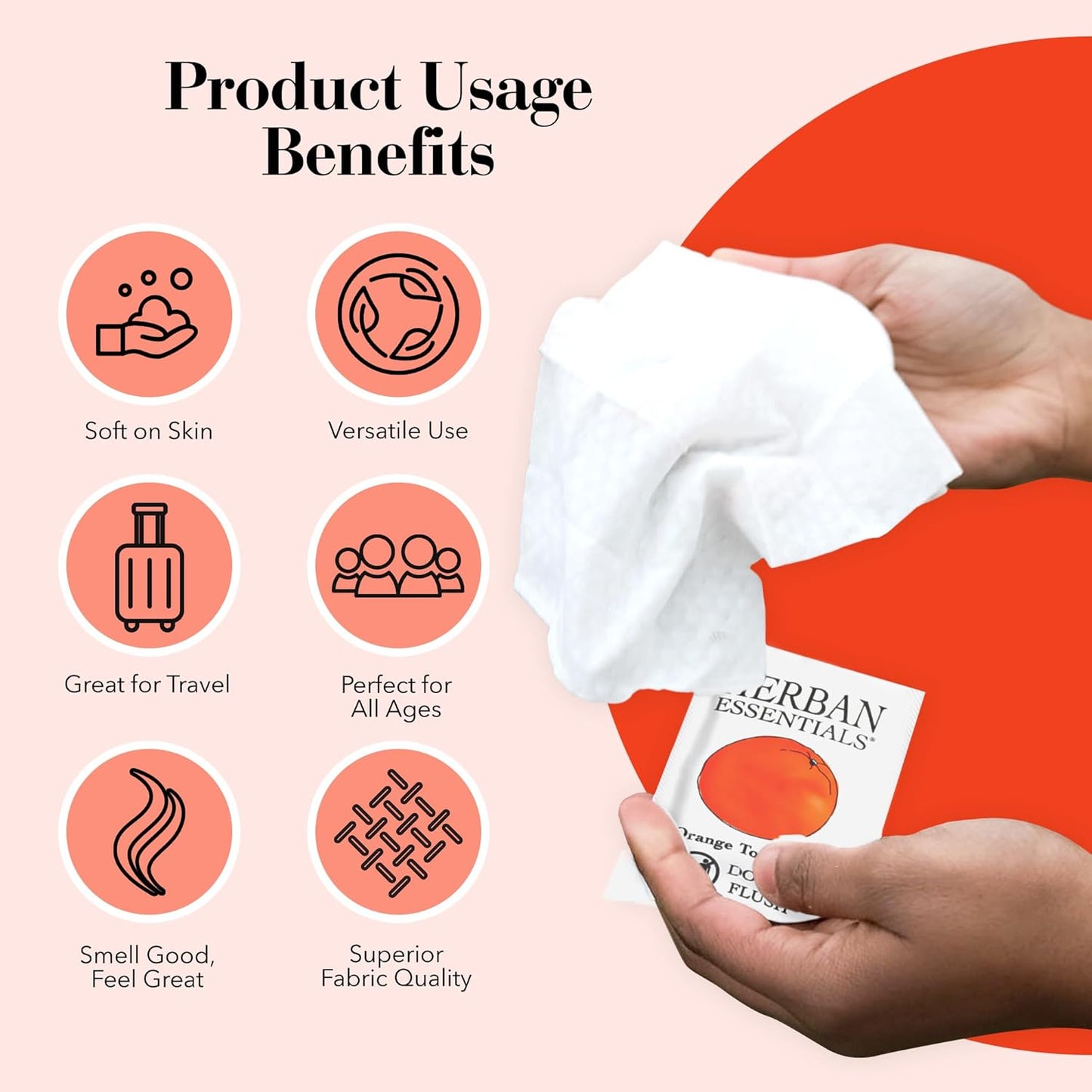 Herban Essentials - Orange Wipes & Towelettes - Essential Oil Wipes for Make Up, Hands, Face & Body - Travel Size Essentials & Toiletries - Natural, Individually Wrapped, Disposable & Moist (20 count)