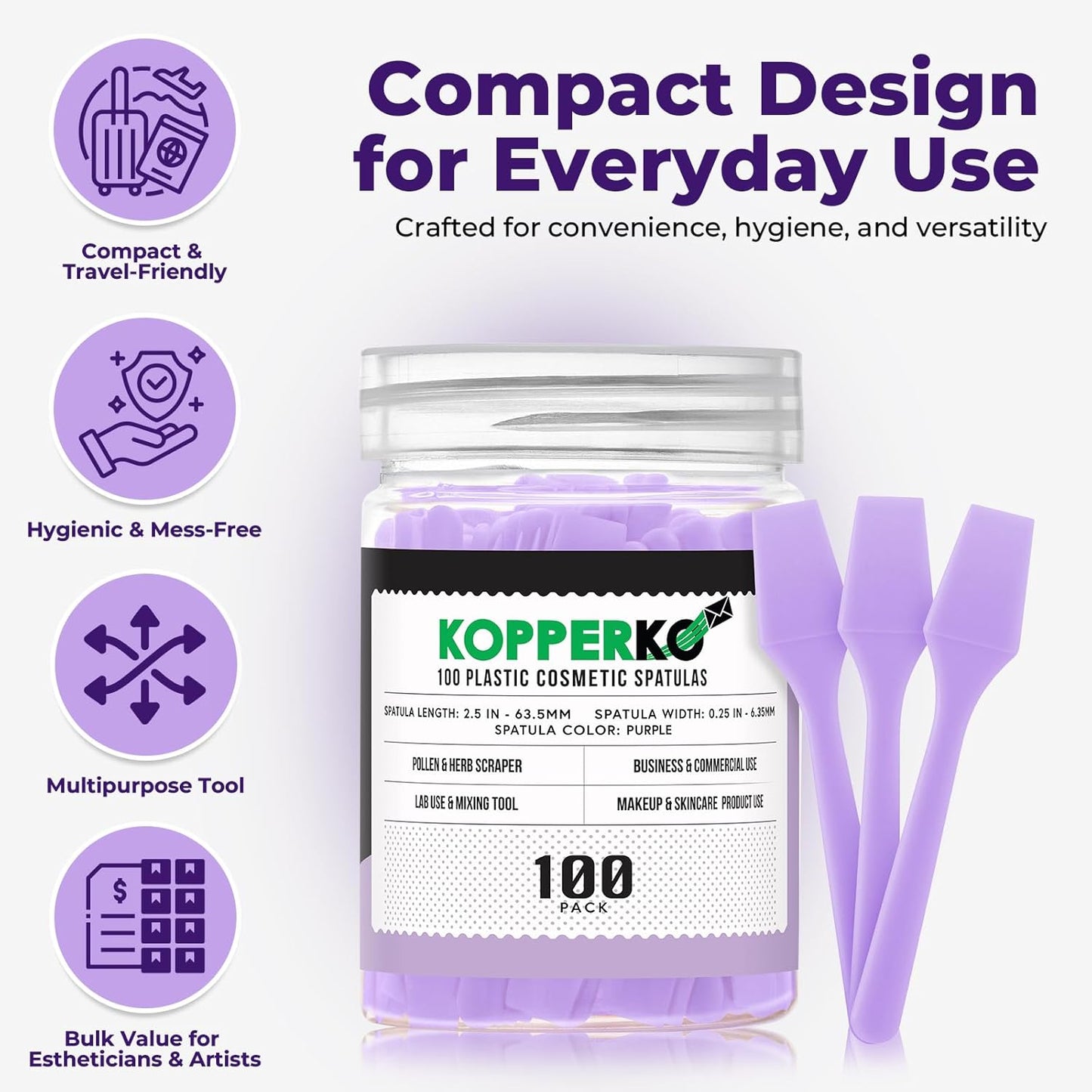 Mini Face Spatula (2.5", 100 Pack) - Small Foundation Spatula for Skincare, Creams, & Crafts | Plastic Face Lotion Applicator Tool for Mixing, Cosmetic, Face Mask | Purple