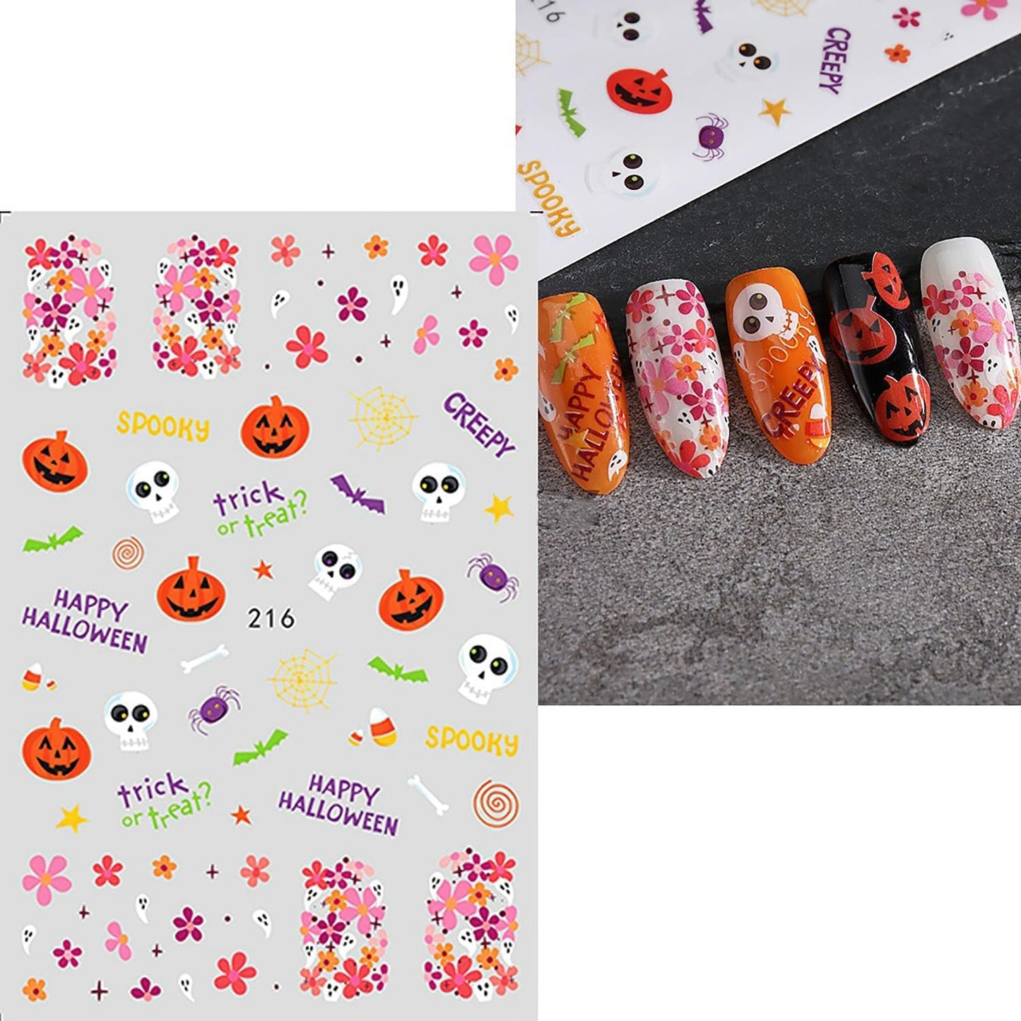 Halloween Nail Art Stickers 8 Sheets Cute Little Ghost Skull Pumpkin Floral Nail Art Self-Adhesive DIY Nail Decal Stickers Nail Fall Decoration Thanksgiving Nail Supplies for Women Girls Kids