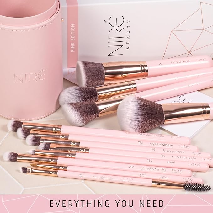 Niré Beauty 15piece Award Winning Pink Makeup Brushes: Pink Makeup Brush Set with Case, Makeup Sponge, Brush Cleaner, Guide, Gift Box