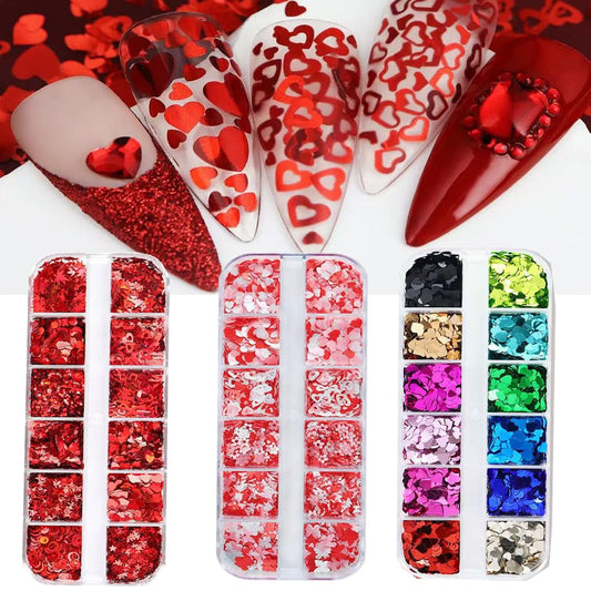 Valentine's Day Nail Art Glitters Sequins, 3 Boxes Holographic Hearts Nail Art Flakes Red Heart Glitter Sticker Decals Mixed Color Hearts Nail Sequins for Manicure DIY Decorations 36 Styles