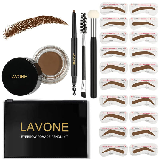 LAVONE Eyebrow Stamp Stencil Kit for Eyebrows, Brow Stamp Trio Kit with Waterproof Eyebrow Pencil, Eyebrow Pomade, 20 Eyebrow Stencils, Dual-ended Eyebrow Brush and Sponge Applicator - Auburn