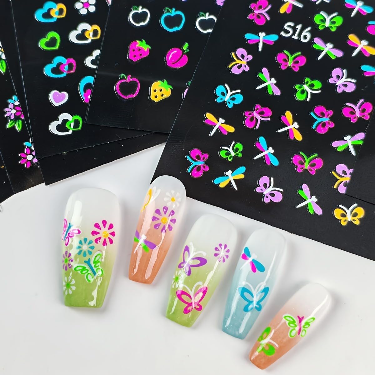Fluorescence 30 Sheets Flowers Nail Stickers 3D Self-Adhesive Nail Art Charms Sticker Decals for Crafts Supplies Accessories (ST-N)