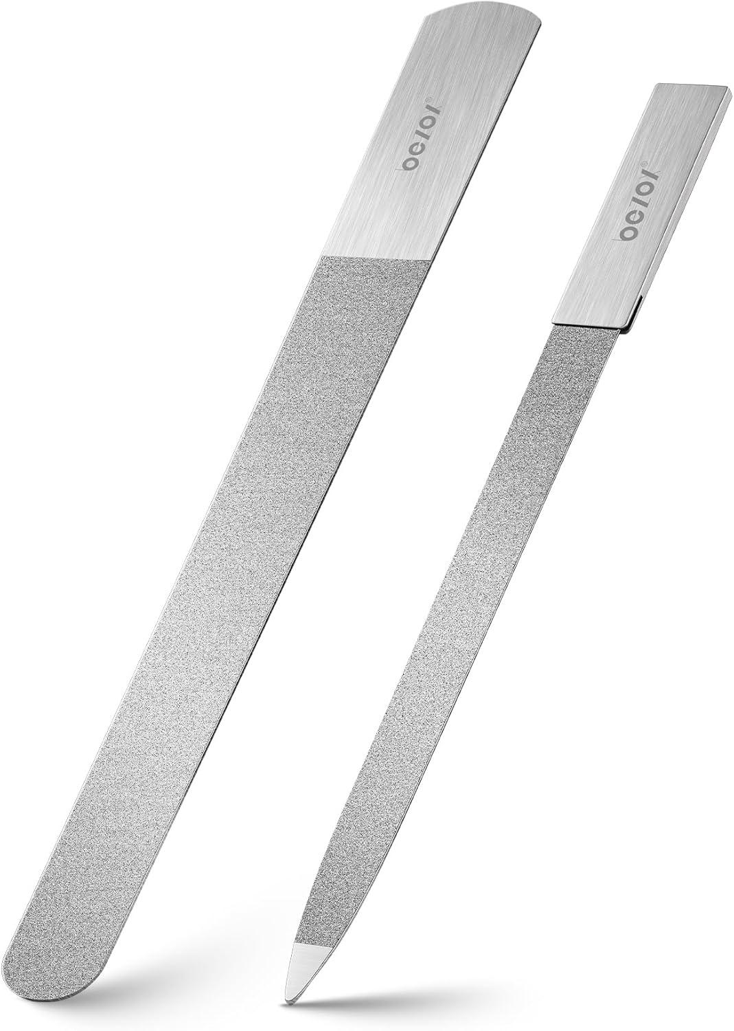 BEZOX Metal Nail File Kit - 2PCS Professional Stainless Steel Long Nail Files & Buffers for Natural/Acrylic Nails, Professional Fingernail Files and Buffers for Salon & Home Use - Silver