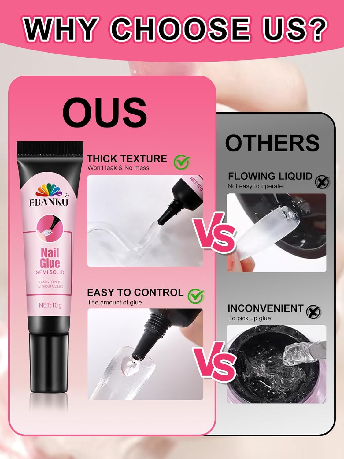 Semi Solid Nail Glue Gel with Nail Glue Remover, EBANKU Quick Drying Solid Super Glue for Press On Nails, No UV Light Needed, 10ml Gel Nail Remover for Fake Acrylic Nails