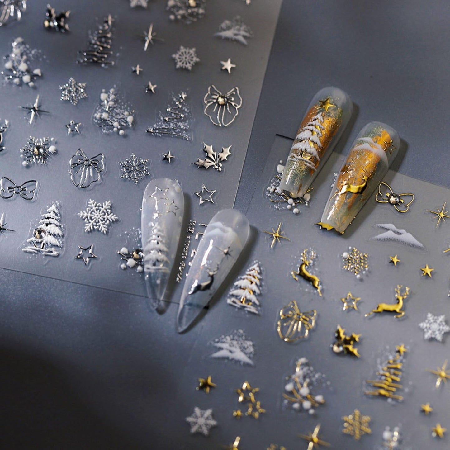 Christmas Nail Stickers for Nail Art Glitter Silver Reindeer Christmas Tree Nail Art Stickers Winter Xmas 5D Embossed Nail Decals 3D Self-Adhesive Nails Supply Manicure Sliders for Nails Decoration