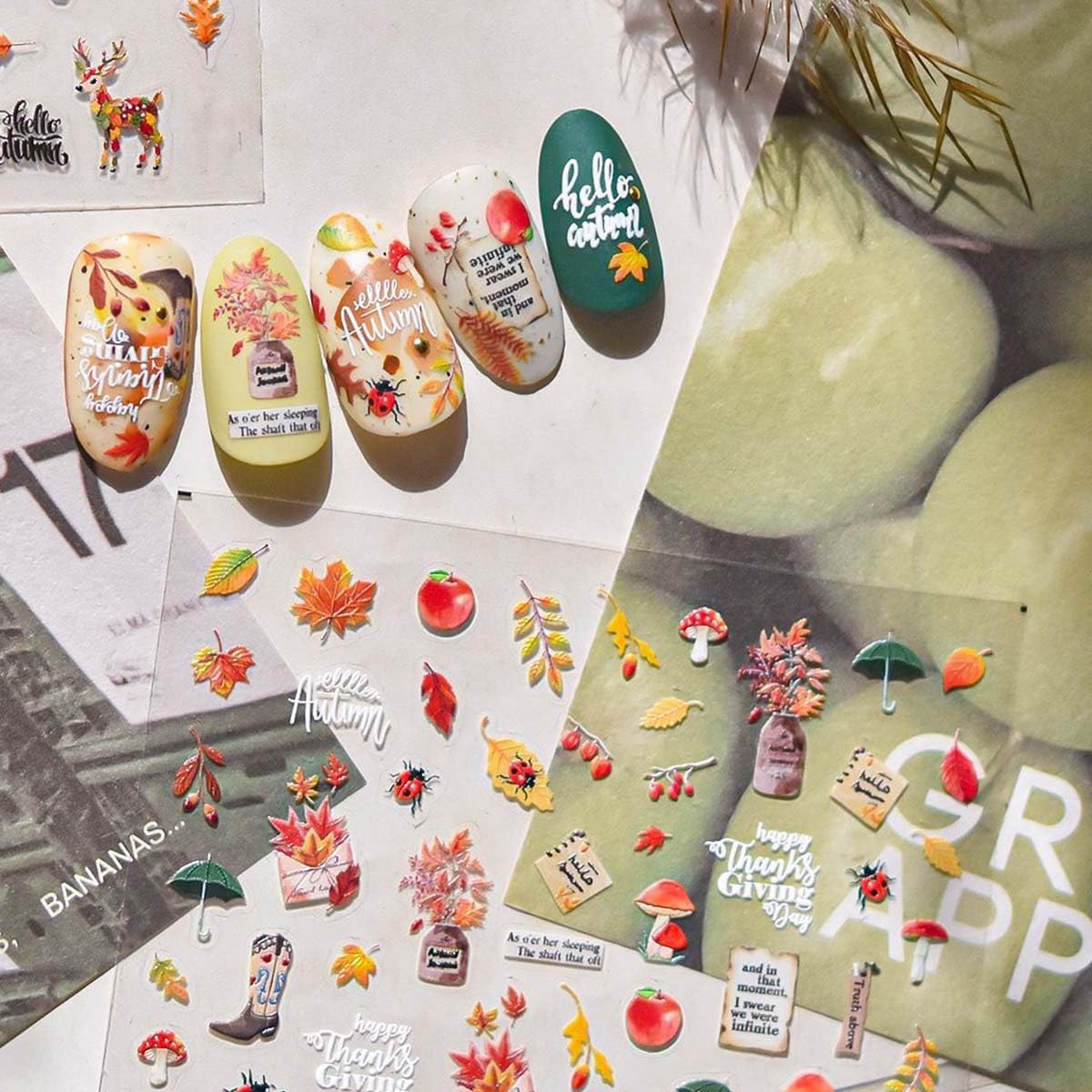 1Sheet Autumn Nail Art Stickers 5D Embossed Fall Nail Decals Maple Leaf Nail Stickers 3D self-Adhesive Thanksgiving Day Nail Accessories for Women Manicure Supplies Decoration