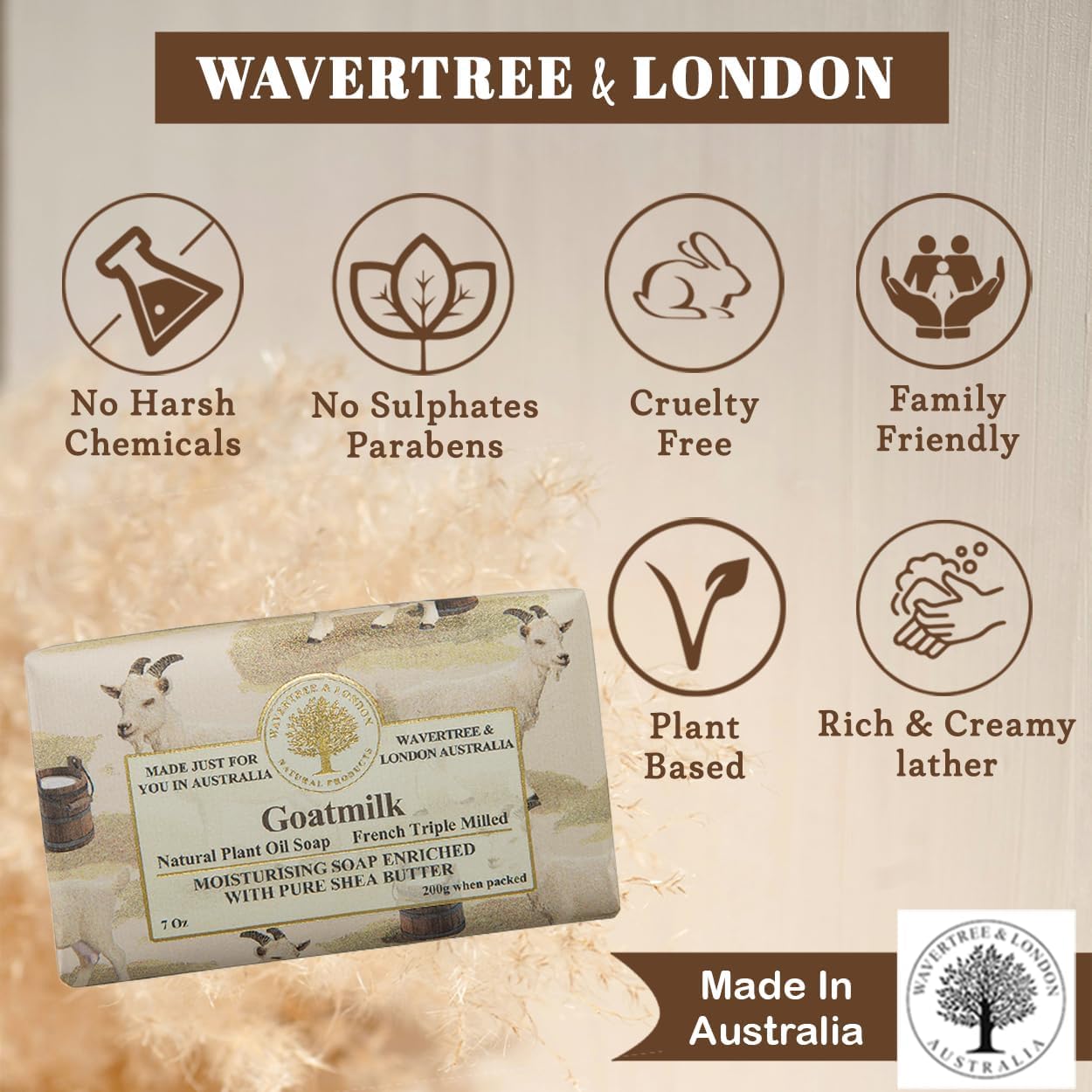 Wavertree & London Natural Goat Milk Soap Bars (1 Bar) – 7oz Individually Wrapped, French Triple Milled Moisturizing Bath Bar Soap Enriched with Shea Butter, Chemical-Free Sensitive Skin Bar Soap