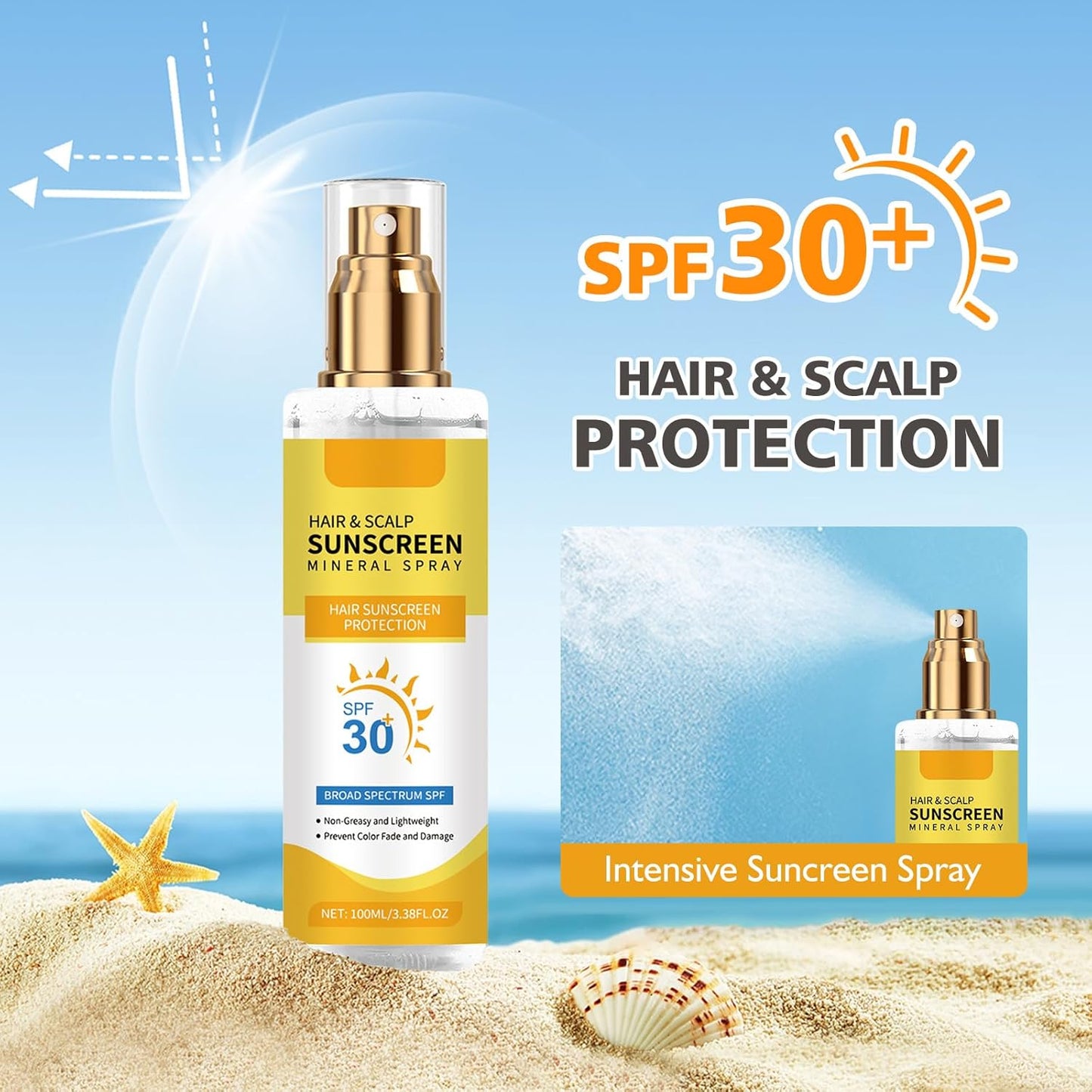 2PC Ultimate Hair & Scalp Sunscreen Spray SPF 30, Hair Sunscreen Spray UV Protection | Color-Lock UV Shield for Dyed/Highlighted | Beach & Pool Essentials | Defense Against Fade & Dryness