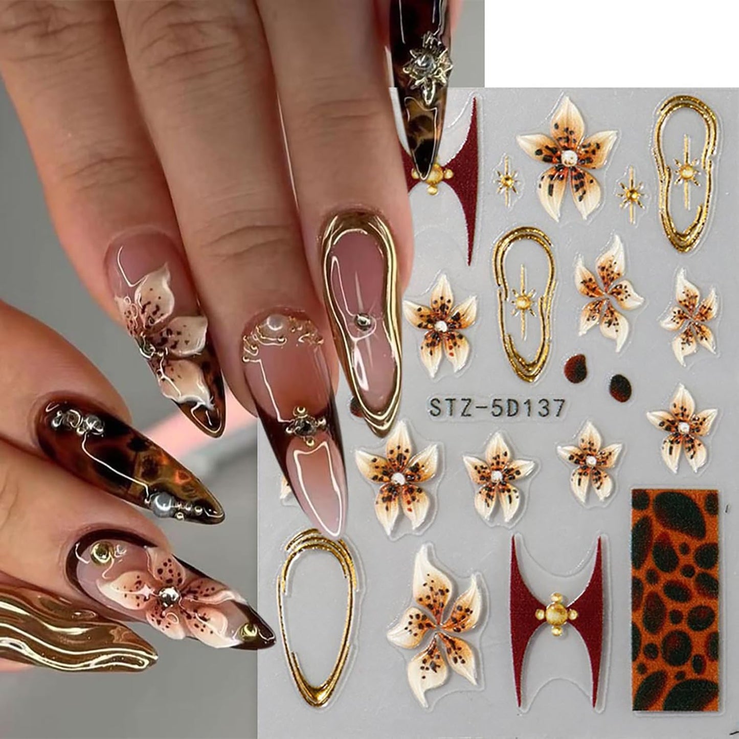 Fall Nail Stickers Leopard Flower Nail Decals Autumn Nail Art Supplies 5D Embossed Self Adhesive Leopard Print Floral Nail Design Supplies Brown Fall Stickers for Women DIY French Manicure Accessories