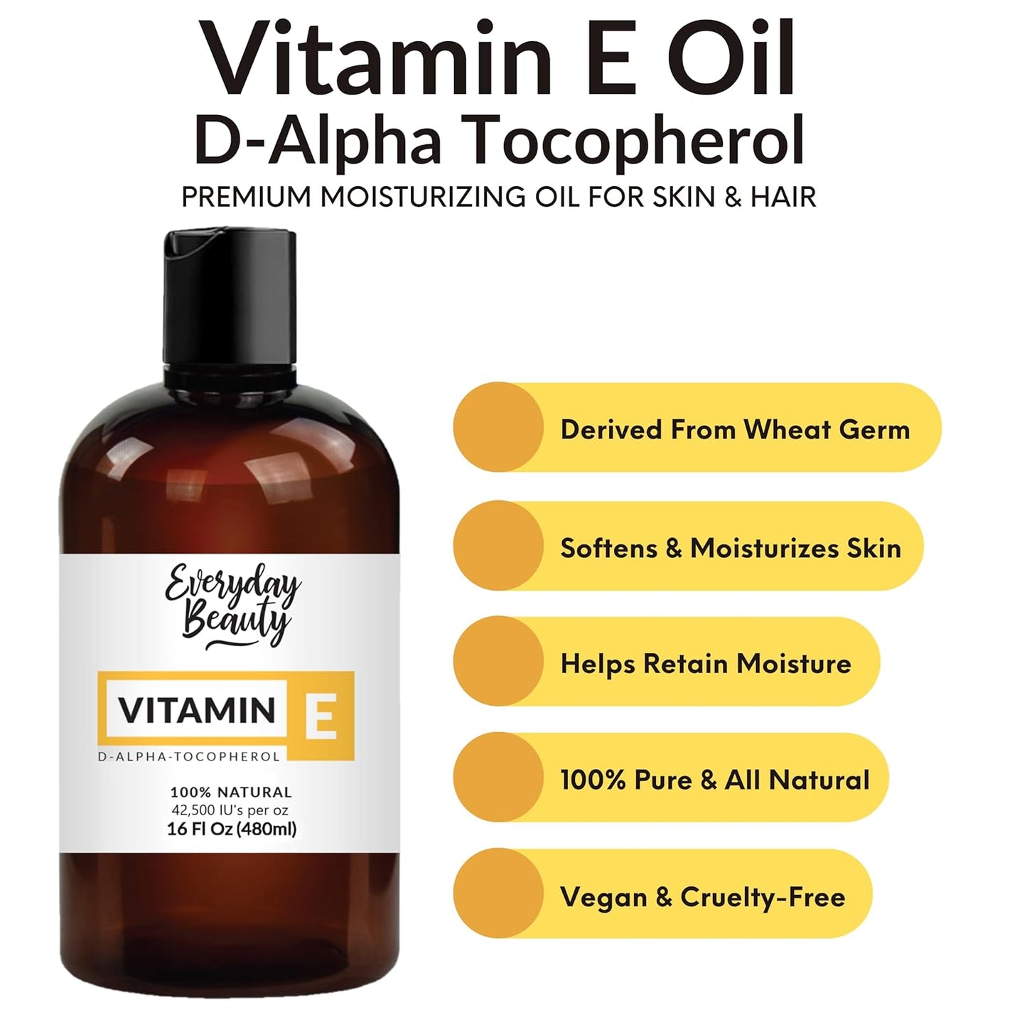 Pure Vitamin E Oil Bulk - 16 oz D-Alpha Tocopherol 100% Pure & All Natural 42,500 IU per oz - Not a Blend, Thick, Amber Color - from Wheat Germ - Face Body Hair - DIY Cosmetics & After Surgery Scars…