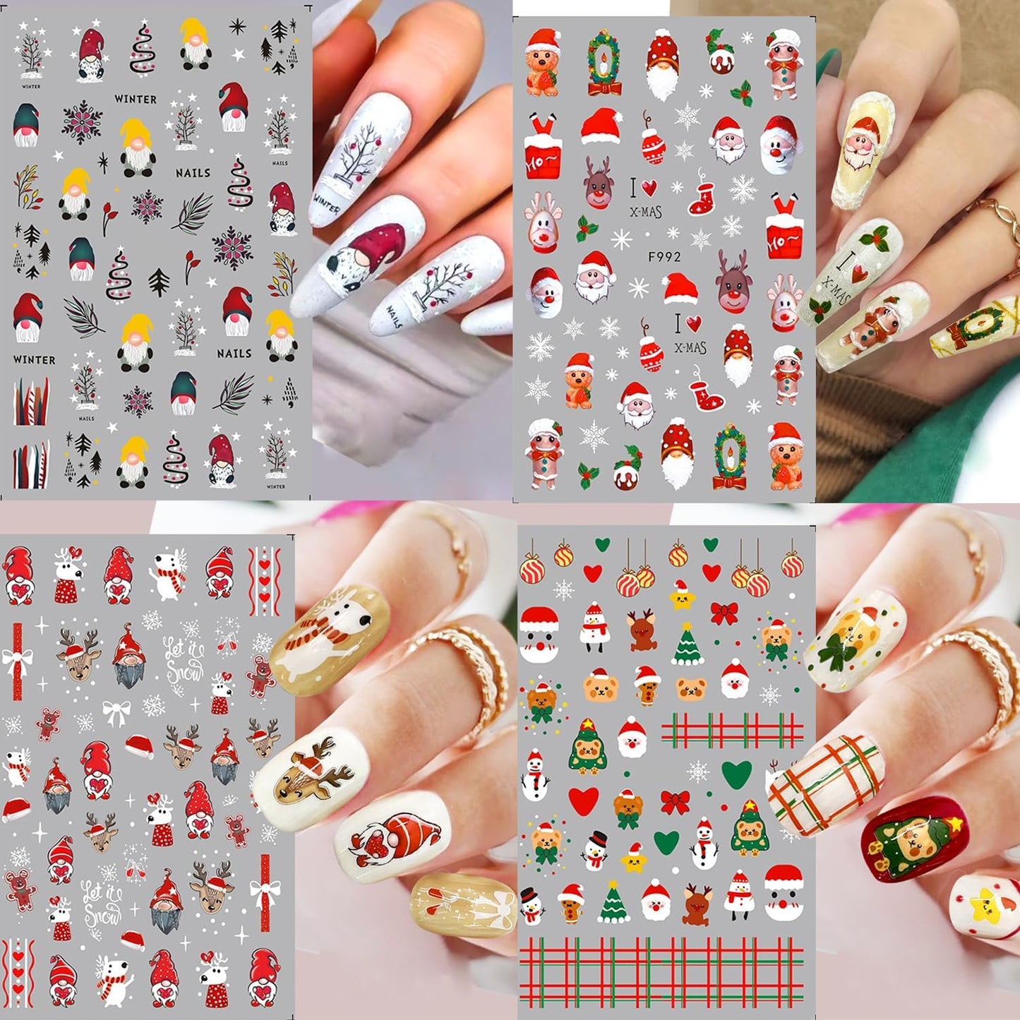 HNUIX Nail Stickers - Christmas 3D, Self Adhesive Nail Decals, Multi Colour Pattern, 10 Sheets, for Nail Art
