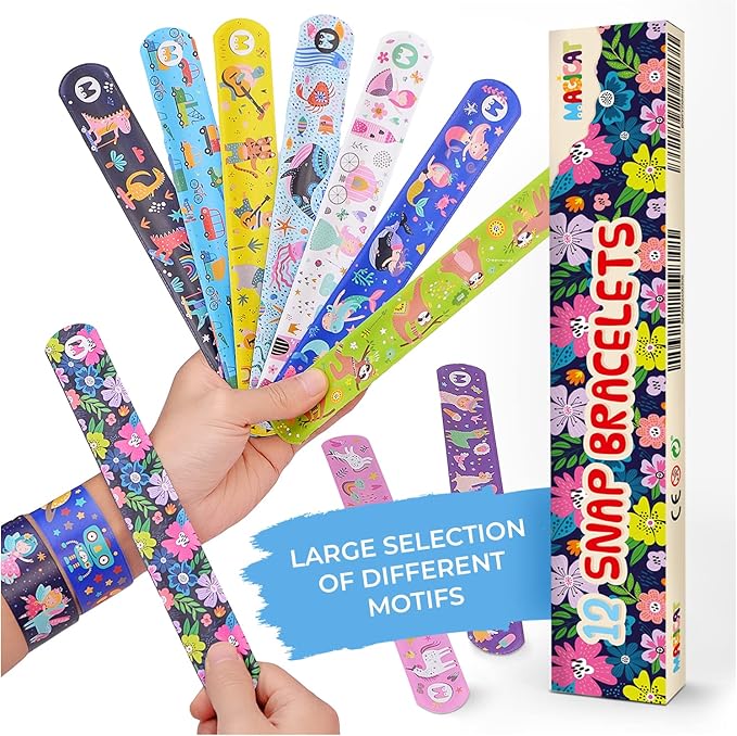 Magicat Premium Slap Bracelets - 12 Fun Snap Bracelets for Kids - Girls and Boys Birthday Party Gift, Classroom Prizes and Basket Stuffers - Slap Bracelets for Kids - Unicorn, Robot, Princess