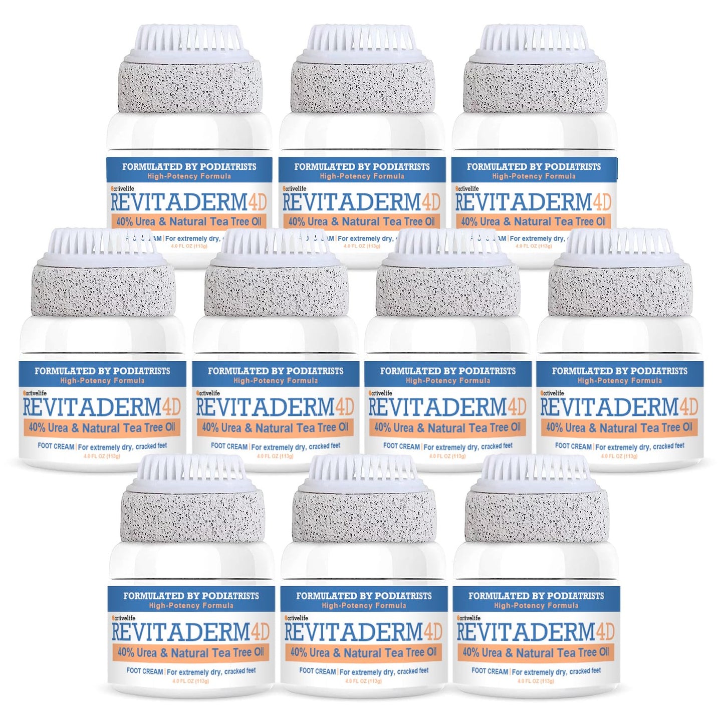 Revitaderm 4D Urea Cream 40% for Feet, Intensive Moisturizing Foot Cream for Dry, Rough, Callused Skin, Includes Free Pumice Stone and Exfoliating Brush, Fast-Absorbing, Fragrance-Free, 4oz, 10 Pack