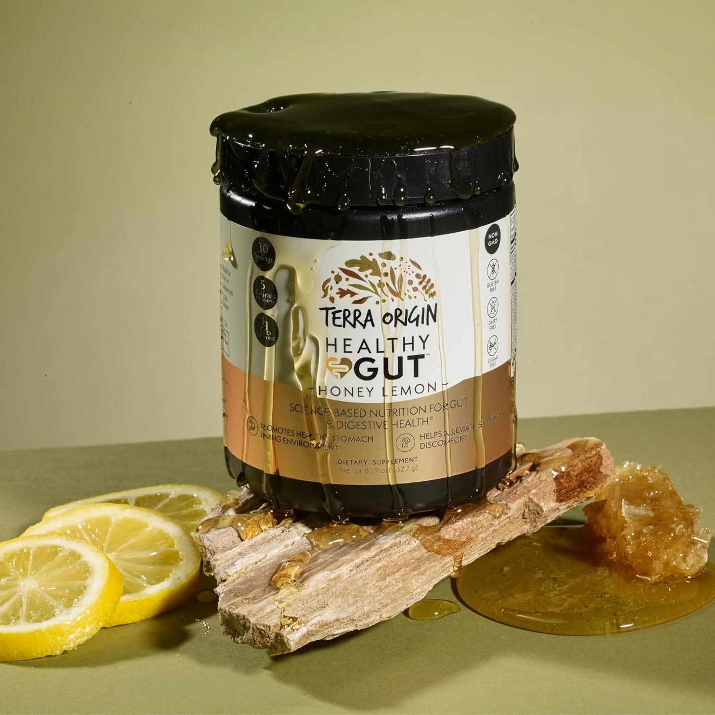 TERRA ORIGIN Healthy Gut Powder (Honey Lemon) | 30-Servings with L-Glutamine, Zinc, Glucosamine, Slippery Elm Bark and More!