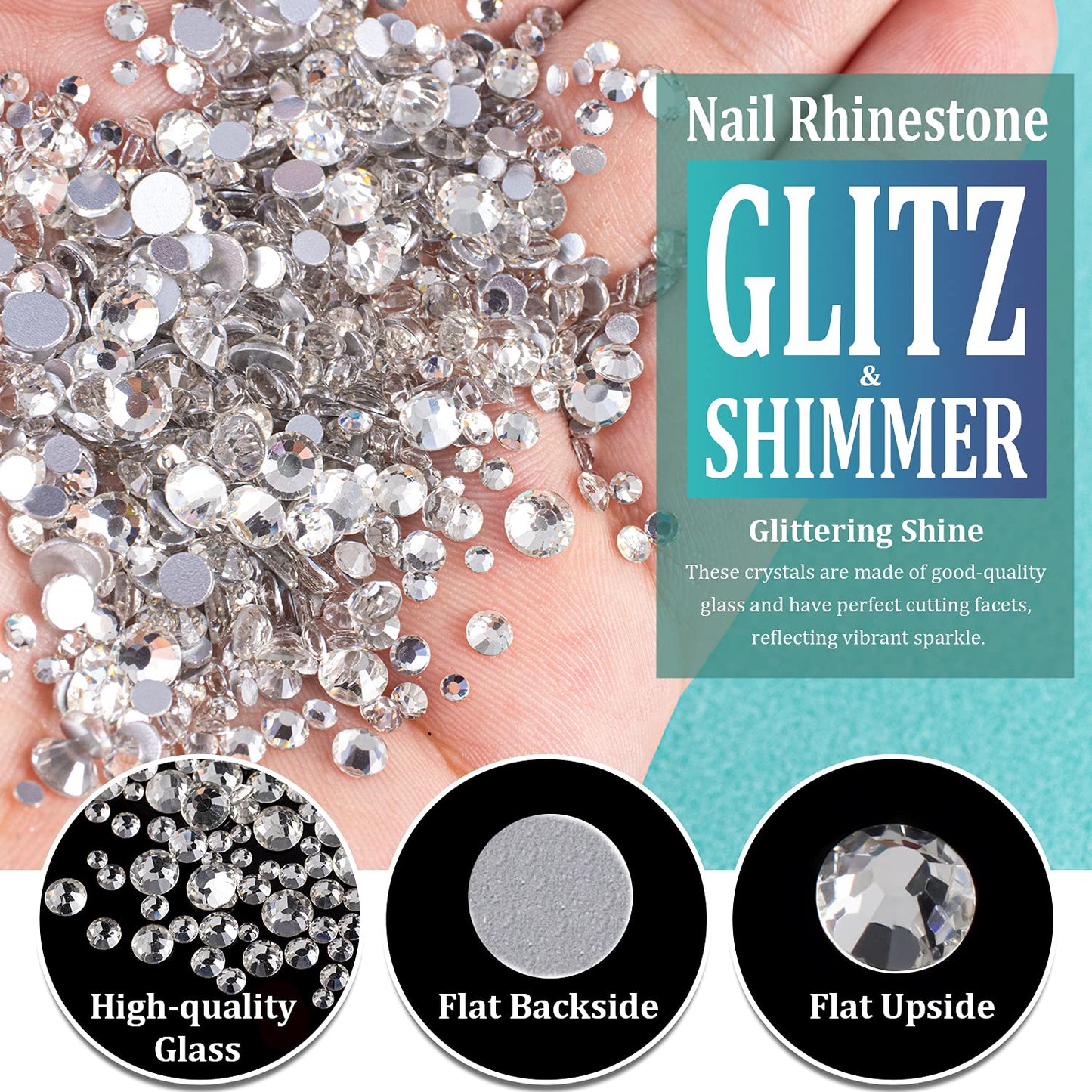 6 Sizes Transparent White Silver Glass Crystal Kit with Pickup Pen + Tweezer Tools for Shine Nail Art Manicure Makeup DIY Decoration Flatback Round Rhinestone Gem Jewelry Diamond