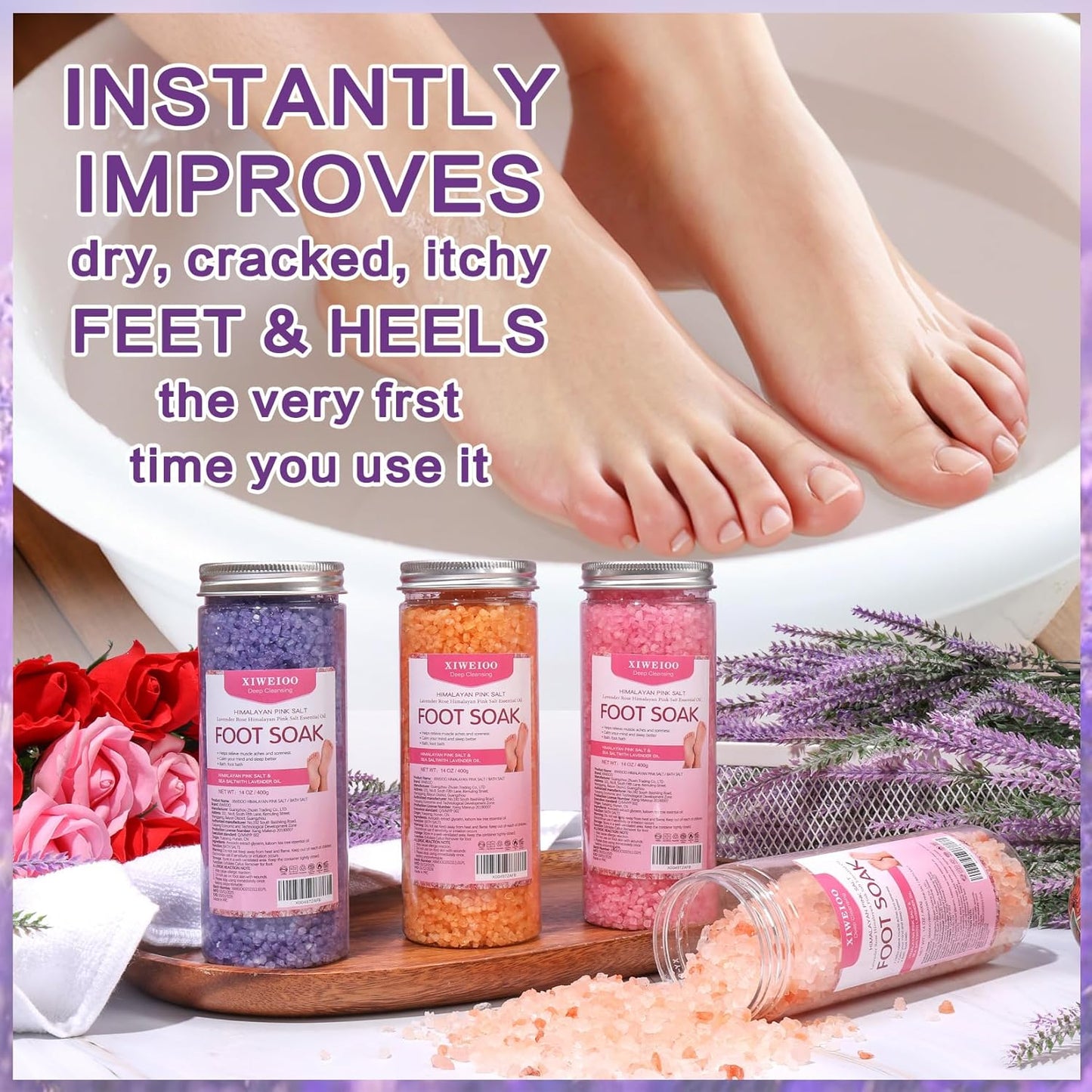 Foot Soak Salts 4 Pack Kit 56 OZ Himalayan Pink Salt Lavender Orange Rose Scent Athletes Itching,Tea Tree Oil Foot Care Pedicure for Women Dead Sea Salt Moisturizing Skin Softens Calluses