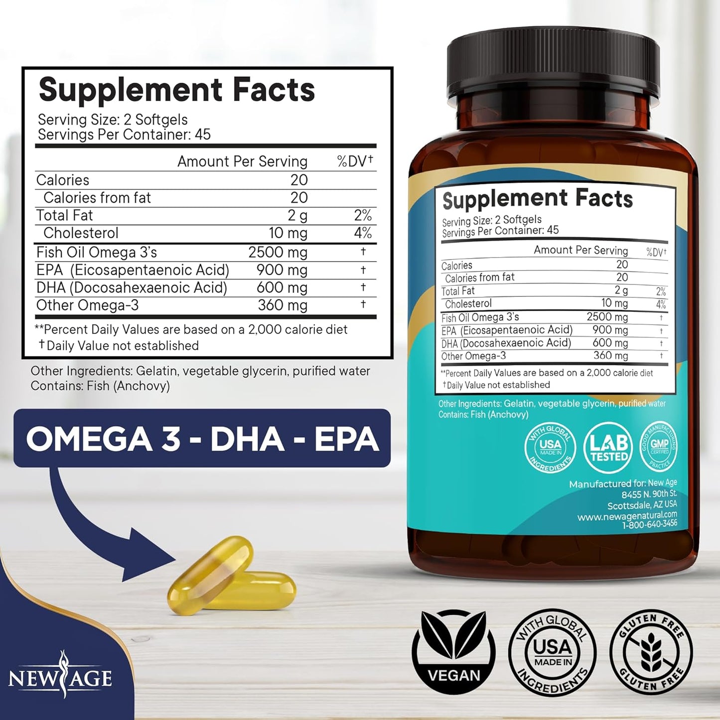 NEW AGE Omega 3 Fish Oil Supplement - Non GMO - EPA, DHA Fatty Acids Gluten Free (270 Softgels (Pack of 3))