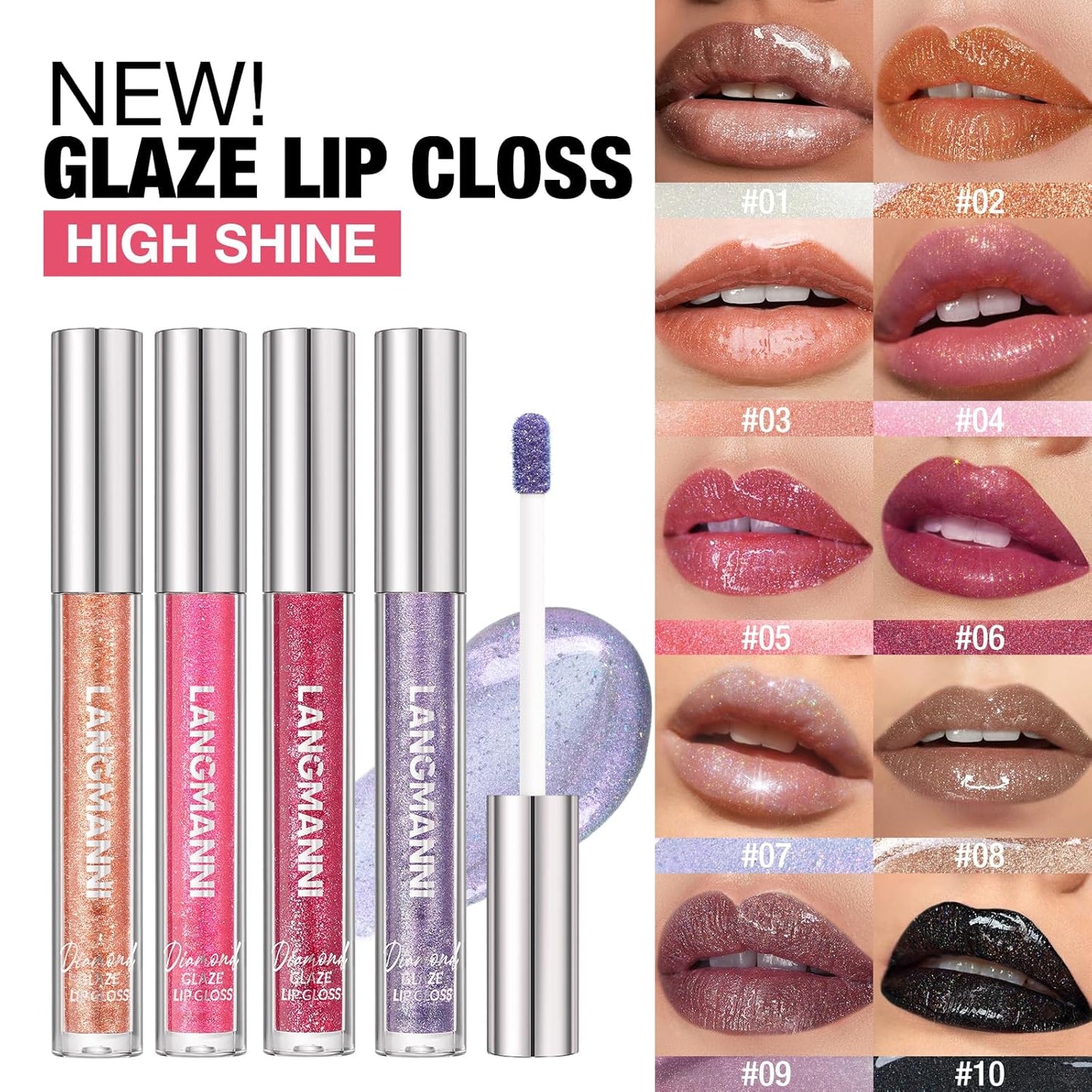 LANGMANNI 2 Colors Diamond Glitter Lip Gloss Set,Long Lasting High Shine Shimmer Liquid Lipstick Set,Hydrating,Moisturizing Lip Gloss Kit Gift Makeup For Girls(#09+10)