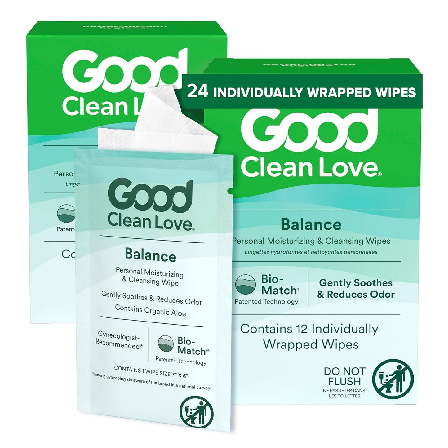 Good Clean Love Balance pH-Balanced Feminine Wipes, Supports Vaginal Health Naturally & Reduces Odor, Non-Irritating Moisturizing & Cleansing Hygiene Product Made with Organic Aloe, (24 Count)